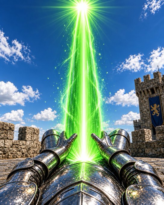 A fantasy-style digital artwork depicts a knight in shining armor from a first-person perspective, channeling a bright green energy beam skyward between a castle and a tower flying a blue and gold banner.