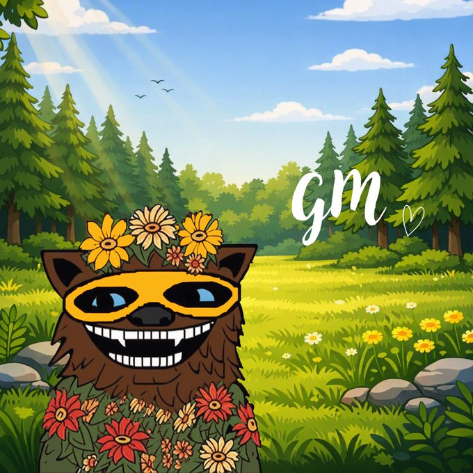A cartoon illustration of a smiling furry brown creature wearing yellow sunglasses and a flower crown, set in a sunny forest meadow with the text 'GM' and a heart.