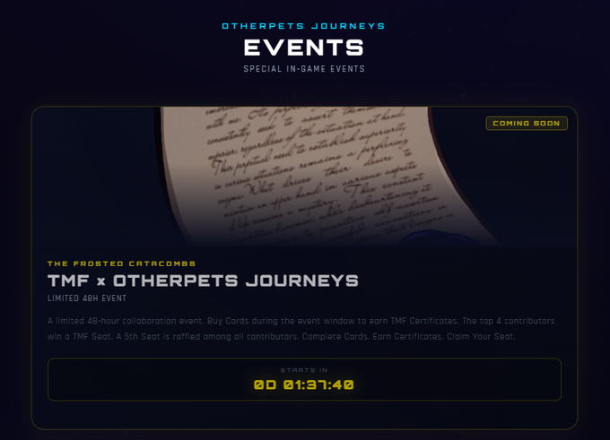 A promotional webpage for 'OTHERPETS JOURNEYS' events featuring 'THE FROSTED CATACOMBS' and 'TMF x OTHERPETS JOURNEYS' 48-hour limited event with a countdown timer at 00:01:37:40.