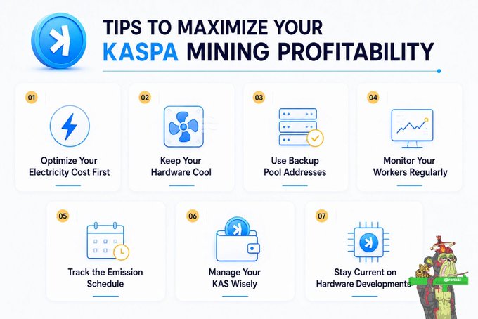 The image features a poster with a blue circle containing various icons related to mining profitability, such as a computer monitor, a coin purse, and a wallet. The text on the poster emphasizes the importance of maximizing one's mining profitability by using the right hardware, managing the network effectively, and staying current with the latest developments in the industry.