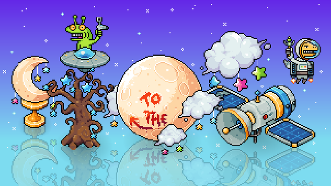 Pixel art space scene with the words 'TO THE' on the moon, featuring an alien, an astronaut, a satellite, and colorful stars against a purple gradient sky.