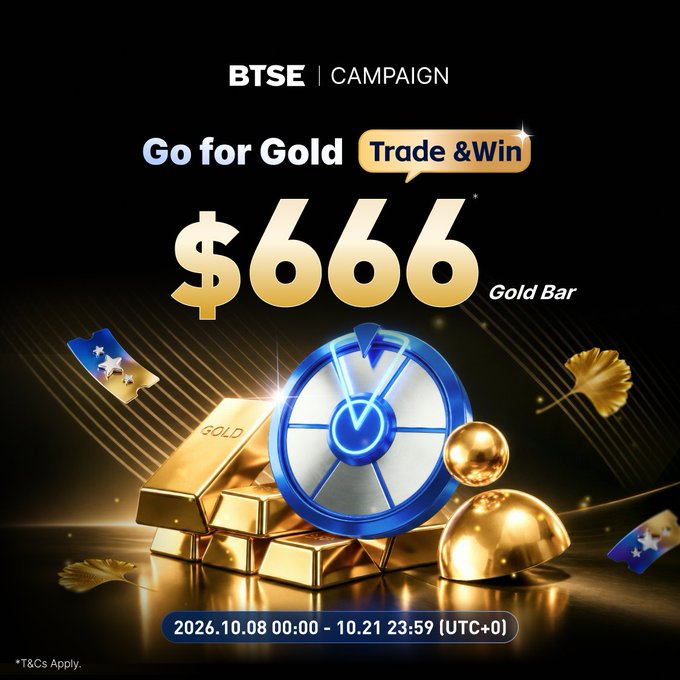 A promotional graphic for the BTSE "Go for Gold" campaign advertising a $666 Gold Bar giveaway, featuring visual elements of gold bars, a blue prize wheel, and decorative ginkgo leaves, with the campaign period "2026.10.08 00:00 - 10.21 23:59 (UTC+0)" displayed prominently at the base.