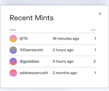 A digital interface showing a 'Recent Mints' list with usernames like '@TK', '100series.eth', '@gpebbles', and 'addresszero.eth' alongside their respective mint quantities and timestamps.