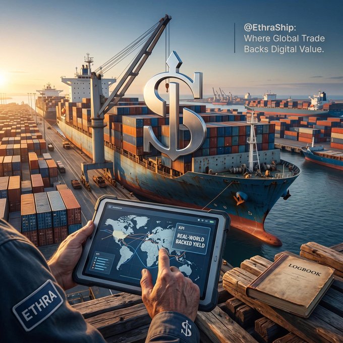 A promotional image for @EthraShip reading 'Where Global Trade Backs Digital Value,' showing a person holding a tablet displaying a world map over a busy shipping port with cargo containers and cranes.
