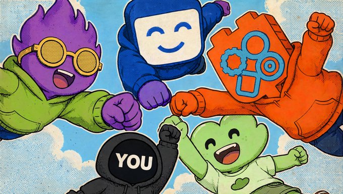 A colorful illustration shows four cartoon characters—including a purple flame-headed figure with sunglasses, a blue robot-like character, an orange blocky character with gears, and a green smiling figure—high-fiving around a black character labeled "YOU" against a cloudy sky. The image celebrates Ethereum's birthday, with the diverse team of characters symbolizing the global community coming together to mark the occasion.