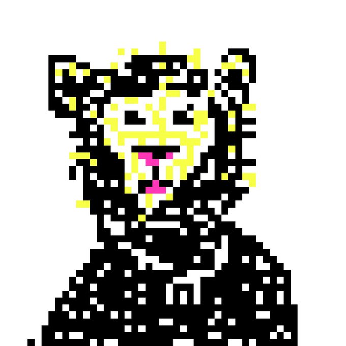 A pixelated black and white portrait of a figure with yellow and pink facial accents on a white background.