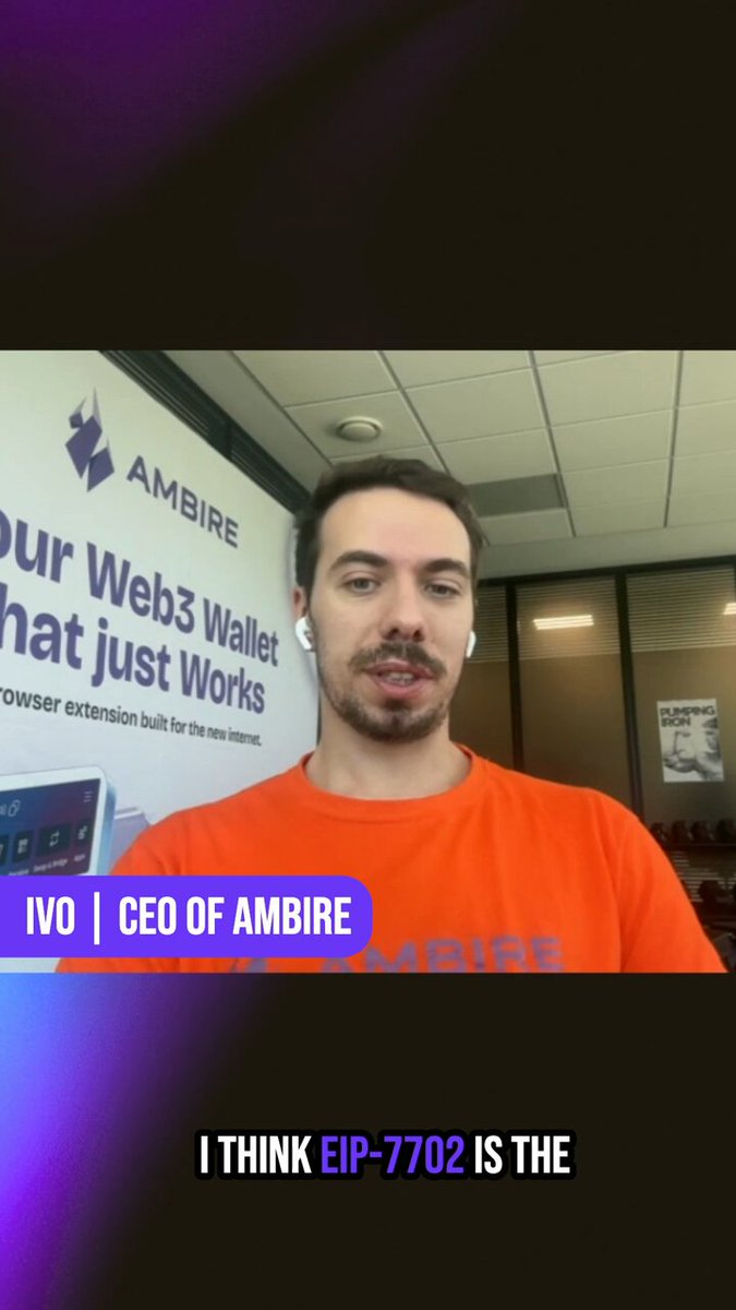 The image features a man wearing an orange shirt standing in front of a large billboard for Amribe. He appears to be talking about EIP-7702, which is a type of cryptocurrency. The man seems to be discussing its potential benefits or drawbacks with the viewer.