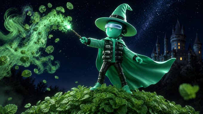 A character in a green wizard hat and cape, wearing a VR headset, stands on a leafy platform casting a glowing green spell with a wand, with a castle visible in the night sky background.