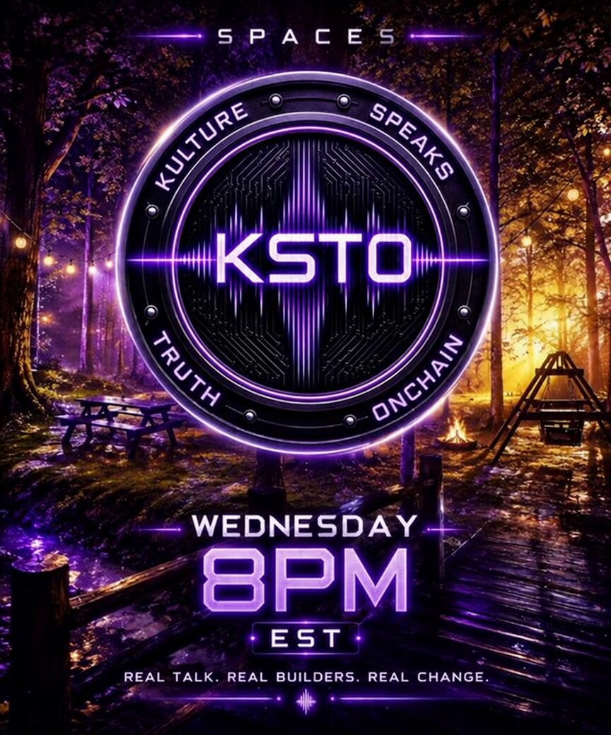 The image features a poster for an event called "Spaces" that takes place at 8 PM EST. The poster includes a photo of a forest, with a bench situated among the trees. The text on the poster reads "KSTO Kultur, speaks Truth, Onchachain". The post also mentions that there is a real talk happening at this event and encourages viewers to join in for an evening of discussion about real builders and real change.