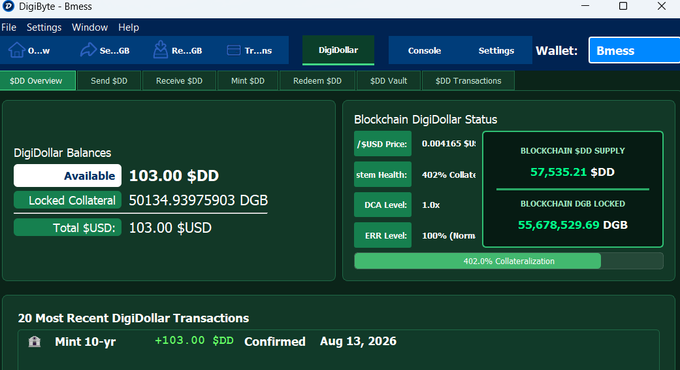 A screenshot of the DigiByte-Bmess wallet interface showing a DigiDollar balance of 103.00 $DD ($103.00 USD), locked collateral of 50134.93 DGB, and blockchain $DD supply of 57,535.21.