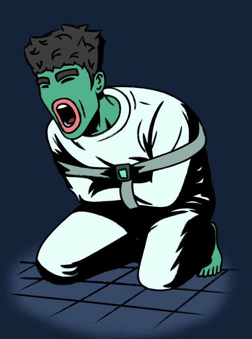 A cartoon illustration depicts a green-skinned character with an open mouth wearing a white straitjacket, kneeling on a dark floor.