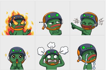 A grid of six cartoon Pepe the Frog stickers with green heads and orange helmets, each displaying different expressive emotions including anger with flames, silenced speech, laughter, shock, steam from ears, and crying.