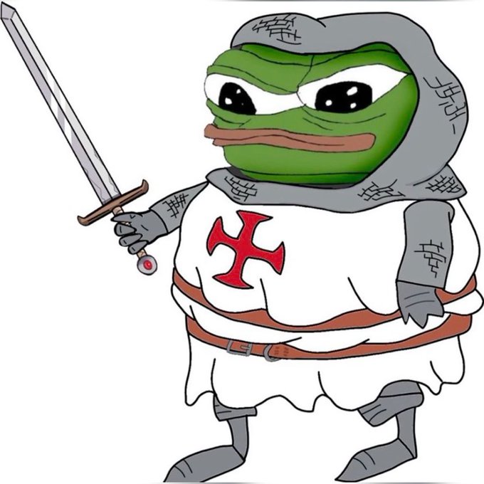 A cartoon illustration of the Pepe the Frog character dressed as a Crusader knight, wearing armor with a red cross and wielding a sword.