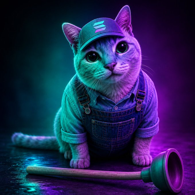 An AI-generated cat wearing a cap and denim overalls sits next to a plunger under vibrant teal and purple neon lighting.