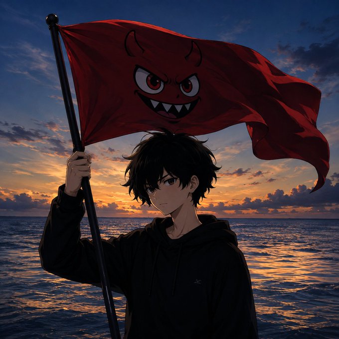 An anime-style illustration of a young man in a black hoodie holding a large red flag with a horned, fanged monster face against a sunset ocean backdrop.