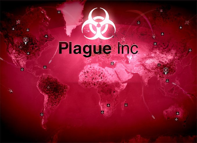 A red-toned promotional image for the video game 'Plague Inc.' featuring the game's biohazard logo over a world map with airplane icons indicating disease transmission.