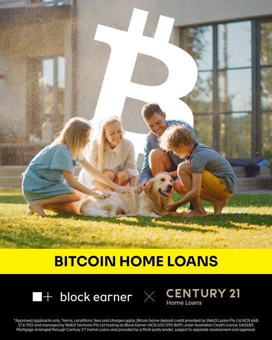 An advertisement for Block Earner and Century 21 Home Loans promoting 'Bitcoin Home Loans,' featuring a family with a golden retriever on a lawn with a large Bitcoin symbol overlay.