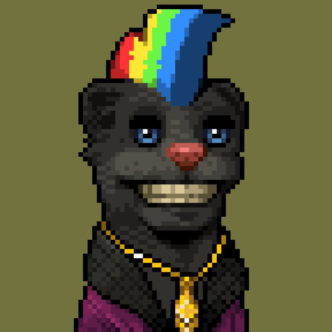 A pixel-art portrait shows a smiling black panther or cat character wearing a gold chain and a jacket, topped with a rainbow-colored mohawk against an olive green background.