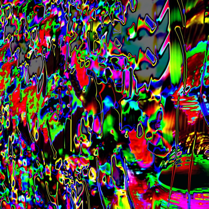 A chaotic, highly saturated abstract digital image with swirling, distorted colors of red, green, blue, and yellow.