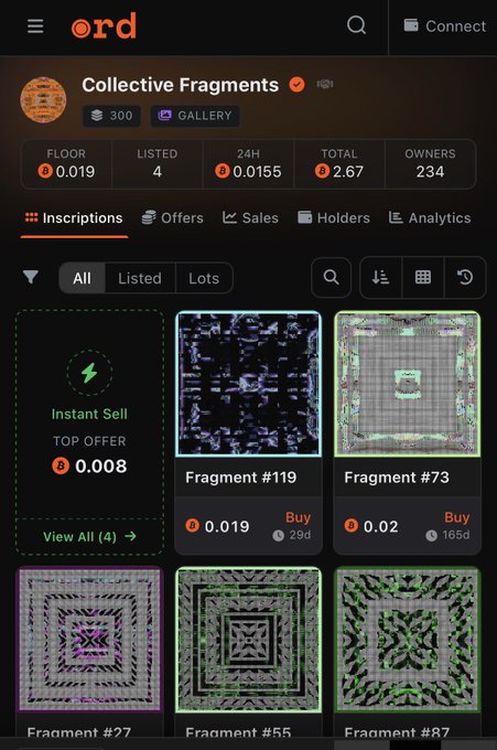 A screenshot of an NFT marketplace interface displaying the "Collective Fragments" gallery on the ORD platform, showing various digital artwork listings for sale.