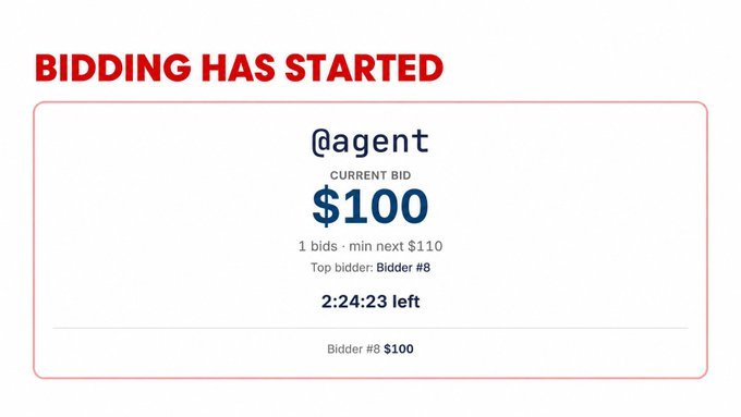 A bidding screen displays 'BIDDING HAS STARTED' with '@agent' as the current bid at $100, showing 1 bid, minimum next bid of $110, top bidder as Bidder #8, and 2:24:23 remaining.