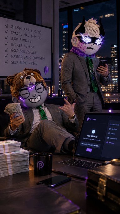 Two animated figures in suits, one wearing a bear mask and the other an animal mask with glowing purple eyes, sit at a table with stacks of cash, while a laptop displays a 'New API Key' for 'PYTH' and a whiteboard lists metrics like '$11.5M ARR (+10.5%)' and '129,265 MAU'.