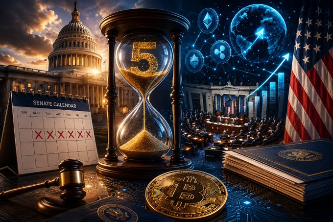 A symbolic scene featuring the U.S. Capitol building, an hourglass with golden sand, a Bitcoin coin, a 'Senate Calendar' with X marks, and cryptocurrency logos (Ethereum, XRP, others) with an upward-trending arrow chart, flanked by an American flag.