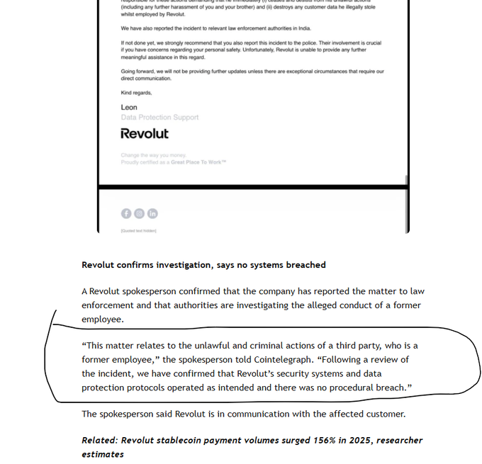 A news article screenshot showing a Revolut email from "Leon, Data Protection Support" with the headline "Revolut confirms investigation, says no systems breached," and a circled quote stating the matter relates to "the unlawful and criminal actions of a third party, who is a former employee."
