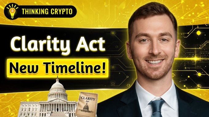 A thumbnail from Thinking Crypto features the text "Clarity Act New Timeline!" alongside an image of the U.S. Capitol, with a smiling man in a suit and tie on the right side, promoting a YouTube video discussing the latest CLARITY Act timeline and ethics provision negotiations with Cody Carbone, CEO of The Digital Chamber.