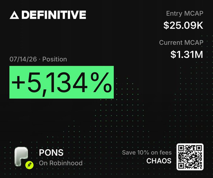 A performance graphic showing a DEFINITIVE token position with +5,134% gains, entry MCAP of $25.09K and current MCAP of $1.31M, advertising PONS on Robinhood with code CHAOS.
