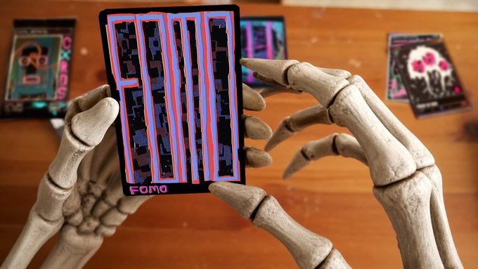 Skeletal hands hold up a card reading "FOMO" featuring glitchy pink and blue striped artwork, with other XCOPY-inspired pieces visible on the table in the background. The image showcases one of the reimagined artworks from the collaborative collection of 3,155 packs described in the post, where 18 artists reinterpreted XCOPY's catalog into original pieces.