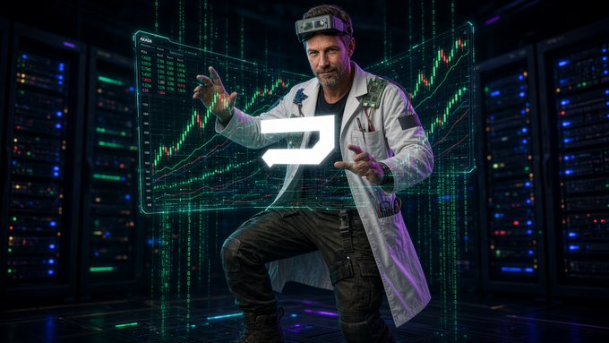 Promotional image of a man in a white lab coat with VR/cybernetic headgear posing in front of a glowing green stock chart with the Dogecoin (D) logo overlaid, set in a server room.