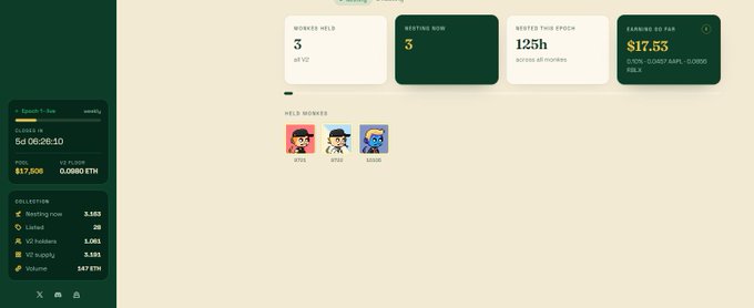 A dashboard interface showing cryptocurrency work statistics, including 'WORKERS HELD: 3', 'WORKING NOW: 3', 'TESTED THIS EPOCH: 1.25h', 'EARNED SO FAR: $17.53', and a balance of 0.0860 ETH valued at $17.806.