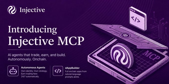 The image features a purple banner with white text that reads "Introducing Injective MCP". Below the banner, there are three icons representing different aspects of the Injective platform: an open book icon, a robot icon, and a code editor icon. The text in the image suggests that the Injective platform is designed to help users manage their finances more efficiently by providing tools for managing transactions, investments, and other financial activities.