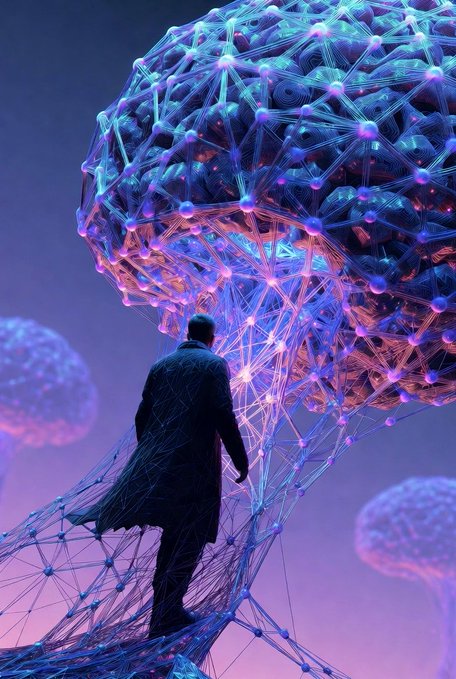 The image features a man standing under a large purple mushroom-like structure that has multiple lines radiating out from its center. The man appears to be looking up at this unique formation, possibly contemplating or admiring its design. The background of the image is dark and somewhat blurry, which draws attention to the man and his surroundings.