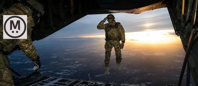 The image shows a man wearing military fatigues, possibly a soldier or a parachuter, standing inside an airplane with his arms raised above his head. The background of the photo features a beautiful sunset over a snowy landscape. The caption "MegaETH farmers after receiving their rewards" is written in black text at the bottom right corner of the image.