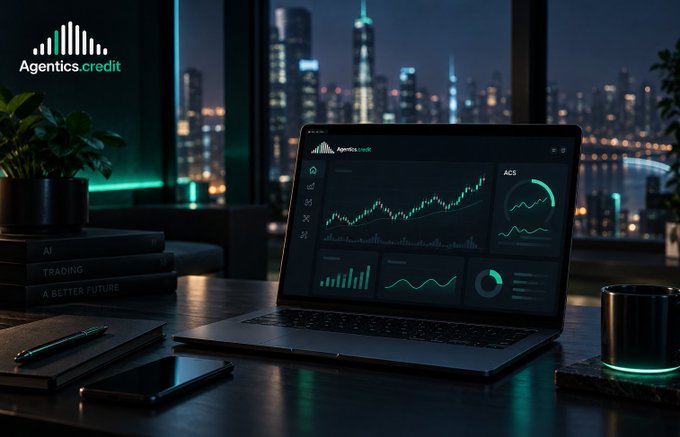 A laptop on a desk displays financial charts and trading data with 'Agentics.credit' branding, set against a nighttime city skyline view through a window.