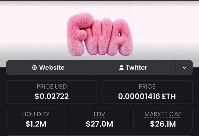 A crypto token page for "FNA" showing a price of $0.02722, 0.00001416 ETH, liquidity of $1.2M, FDV of $27.0M, and market cap of $26.1M.