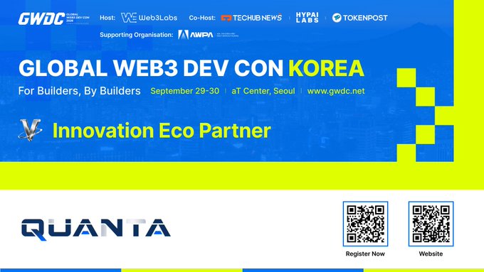 A promotional banner for 'GLOBAL WEB3 DEV CON KOREA' dated September 29-30 at aT Center, Seoul, listing hosts like Web3Labs and TechubNews, with 'Quanta' as an 'Innovation Eco Partner' and two QR codes.
