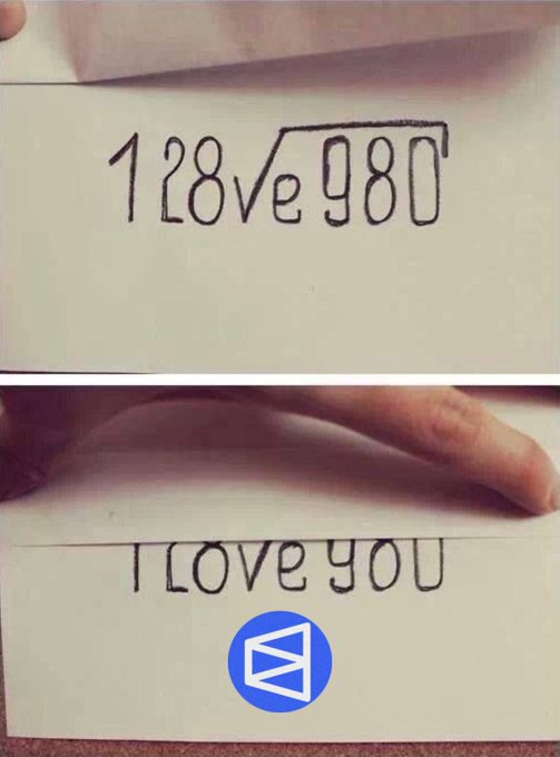 A handwritten note shows the equation "128√980," which when solved reveals the hidden message "I LOVE YOU," mirroring the post's playful claim that this is the only math formula whose answer equals the heart of a Polymarket user, referencing Polymarket's logo displayed below.