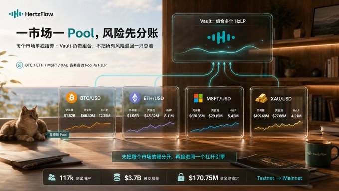 A promotional graphic for 'HertzFlow' displaying pooled market accounts for BTC/USD, ETH/USD, MSFT/USD, and XAU/USD, with metrics including 117k users and $3.7B volume, alongside a sleeping cat.
