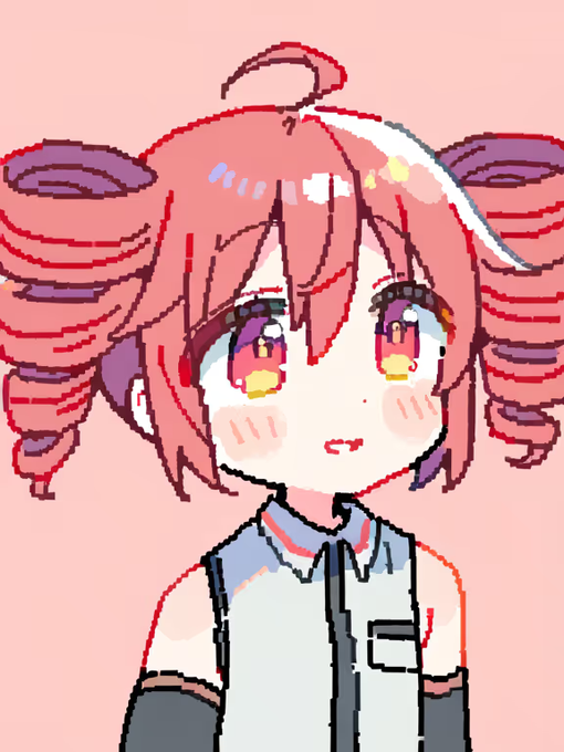 A pixel-style anime illustration of a girl with pink and purple twin tails, large expressive eyes, and blush marks, wearing a sleeveless top against a pink background.