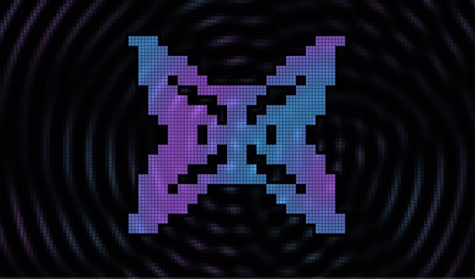 A pixelated "X" logo composed of purple and blue gradient squares is displayed against a dark, circular digital background, symbolizing the intersection of quantum computing and social media branding. The image visually reinforces the post's message about @quipnetwork's innovative pay-for-use model for quantum compute, with the "X" likely representing either the platform or a cancellation of traditional rental-based payment schemes.