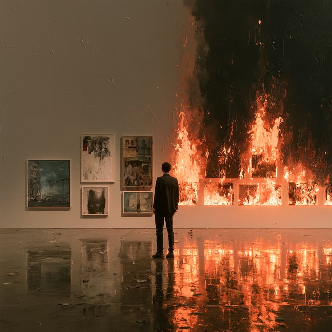 A lone figure stands in a vast gallery space, calmly facing a wall of framed paintings that have erupted into towering flames, their fiery glow mirrored on the wet, reflective floor—visually embodying the tension between "comfort and confrontation."