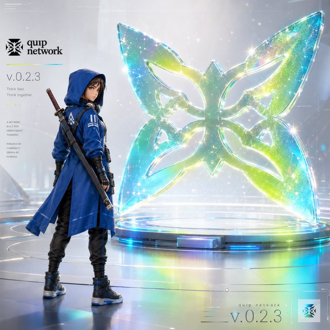 A character in a blue hooded coat with a katana stands before a glowing holographic Quip Network logo on a platform, with text reading 'quip network v.0.2.3 Think Fast Think Together.'