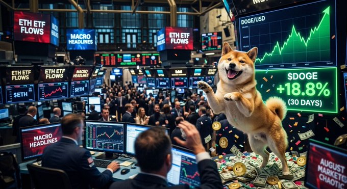 A chaotic trading floor scene with multiple screens showing 'ETH ETF FLOWS', 'MACRO HEADLINES', and 'DOGE/USD' charts, featuring a Shiba Inu dog celebrating '$DOGE +18.8% (30 DAYS)' amidst flying money.