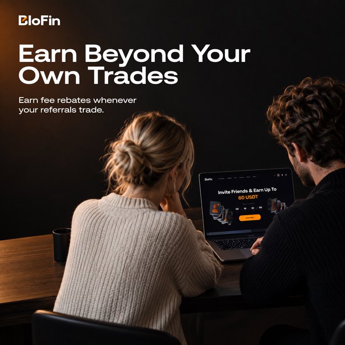 A couple sits together at a laptop viewing BloFin's "Invite Friends & Earn Up To 60 USDT" referral page, accompanying a promotion inviting users to earn fee rebates when their referrals trade.