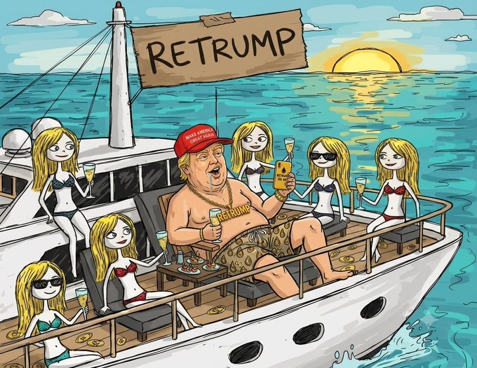 Cartoon illustration of a Trump-like figure on a yacht under a 'RETRUMP' banner, surrounded by bikini-clad women, with the figure wearing a 'Make America Great Again' hat and holding a phone and 'RETRUMP' drink.