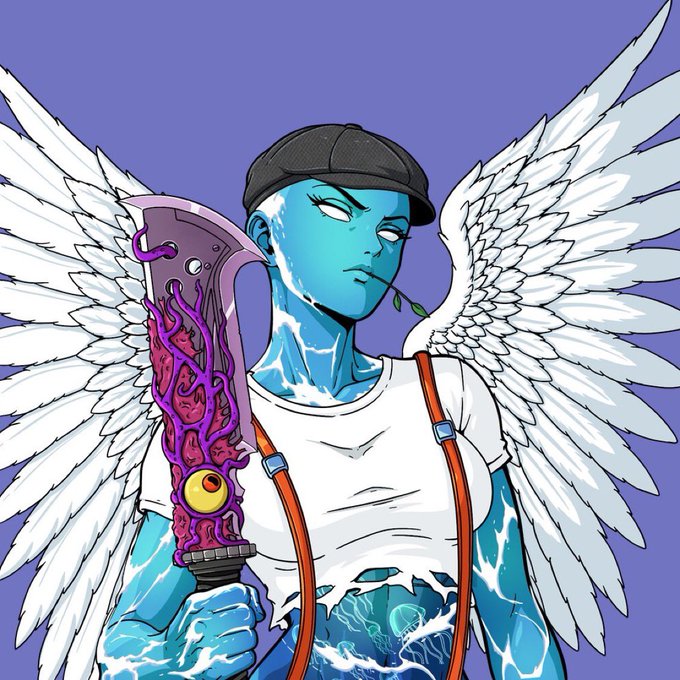 An illustration of a blue-skinned character with white wings, wearing a black cap and white t-shirt with orange suspenders, holding a purple sword with an eye motif.