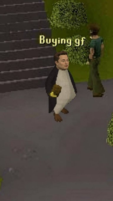 A screenshot from a video game features a character with Elon Musk's face edited onto its body standing on a paved area, accompanied by the text "Buying gf."